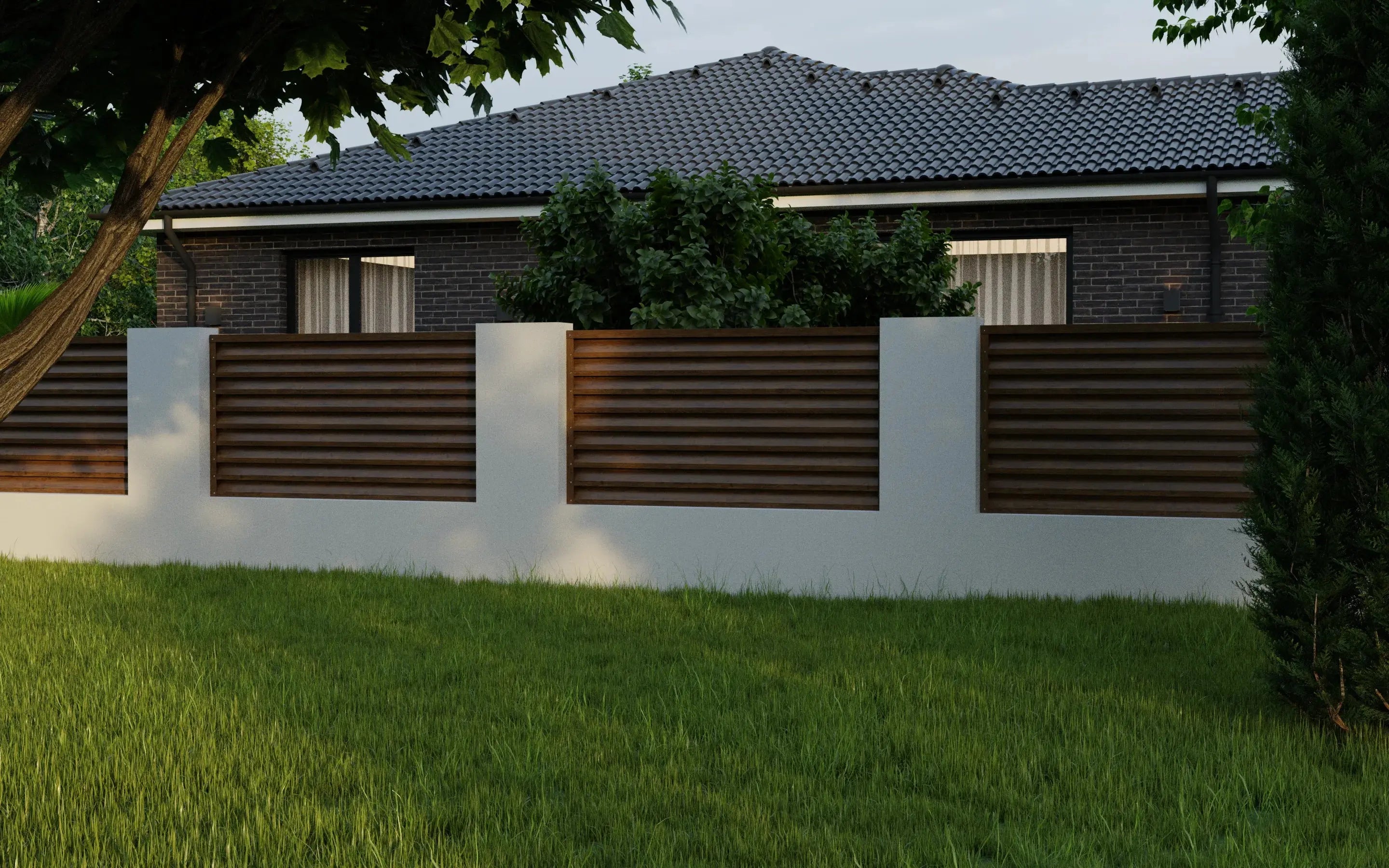 Modern house with a white fence and brown panels, surrounded by greenery.