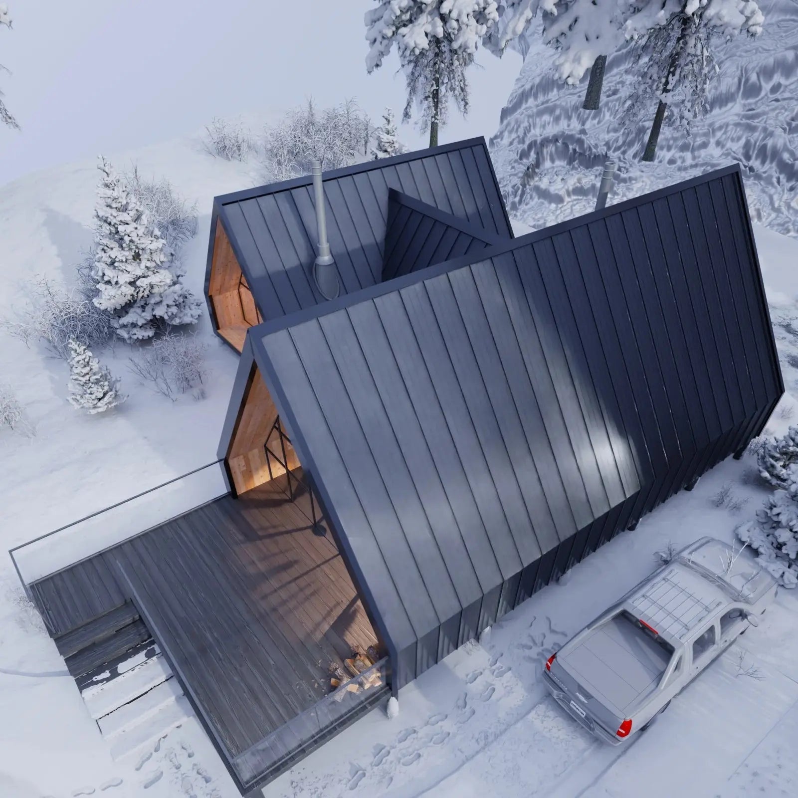 Modern house with a car parked in front during winter
