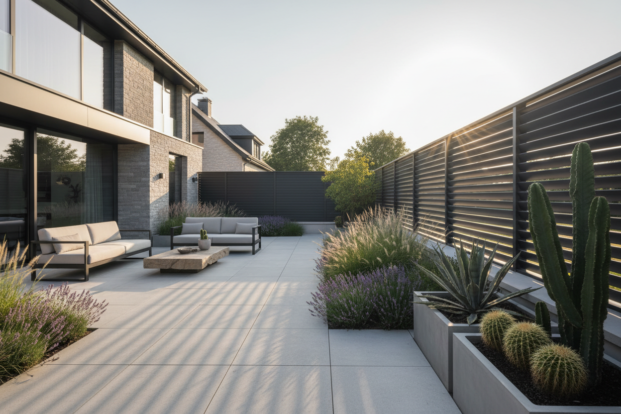 Ultra-realistic luxury garden with modern louvered horizontal slat fencing in dark anthracite RAL7016, soft natural sunlight filtering through the slats, elegant Belgian contemporary home, open and airy outdoor space