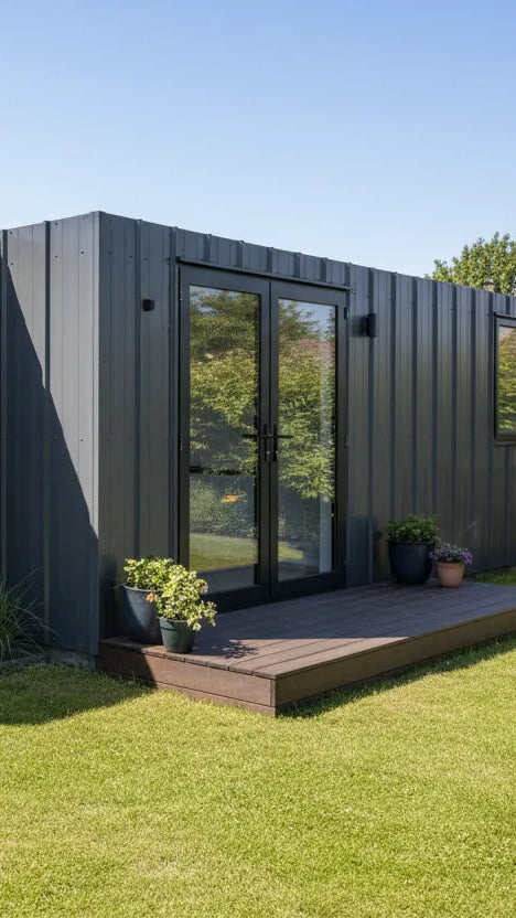 Modern garden room with large windows on a grassy lawn